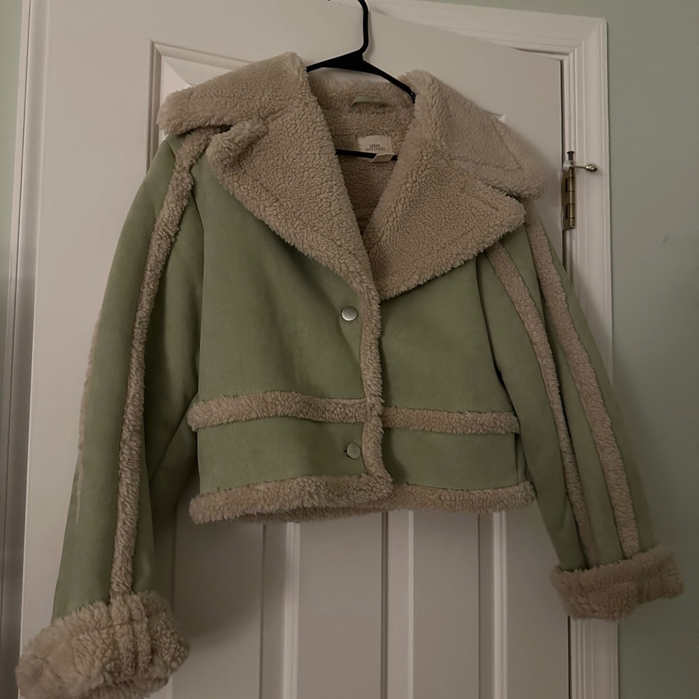 Urban Outfitters Green and Cream Shearling Jacket